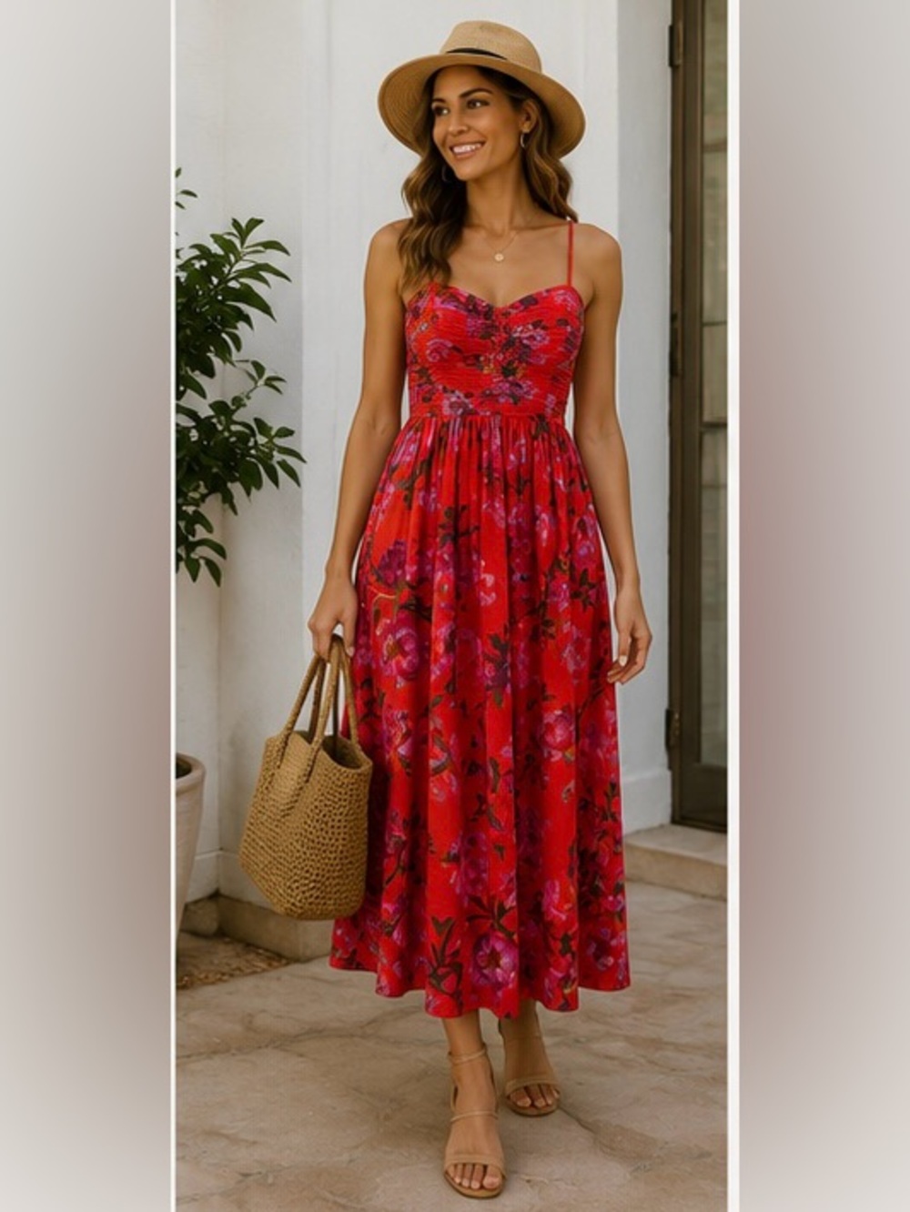 Erin Fetherston Red Floral Pleated Maxi Gown Dress Size 2 NWOT